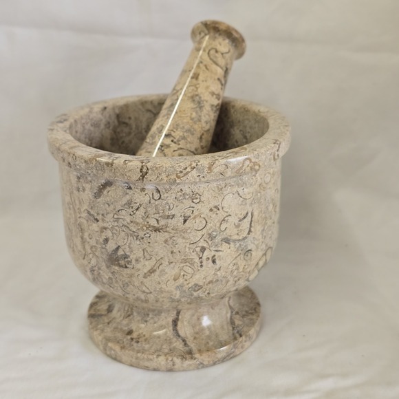 Fossils Pestle and Mortar Handmade Marble‎ 4 3/4" H 5" W - Picture 3 of 7